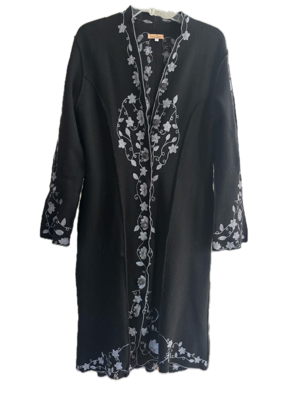 Dick and Jayne Embroidered Long Black Wool Jacket  with Silver Blue Embroidery